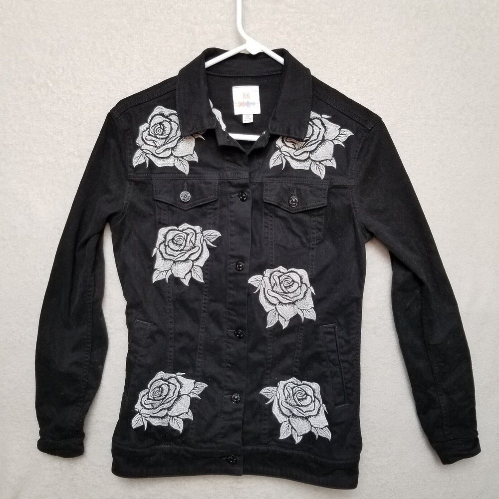 LuLaRoe Jaxon Black Denim Jacket White Rose Floral Embroidered Womens XS